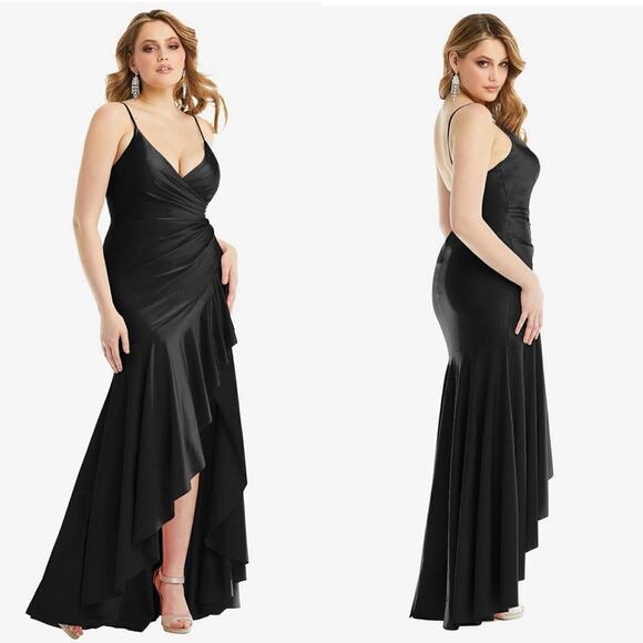 CYNTHIA & SAHAR Gabriella Ruffled High Low Stretch Satin Gown in Black - Picture 1 of 11